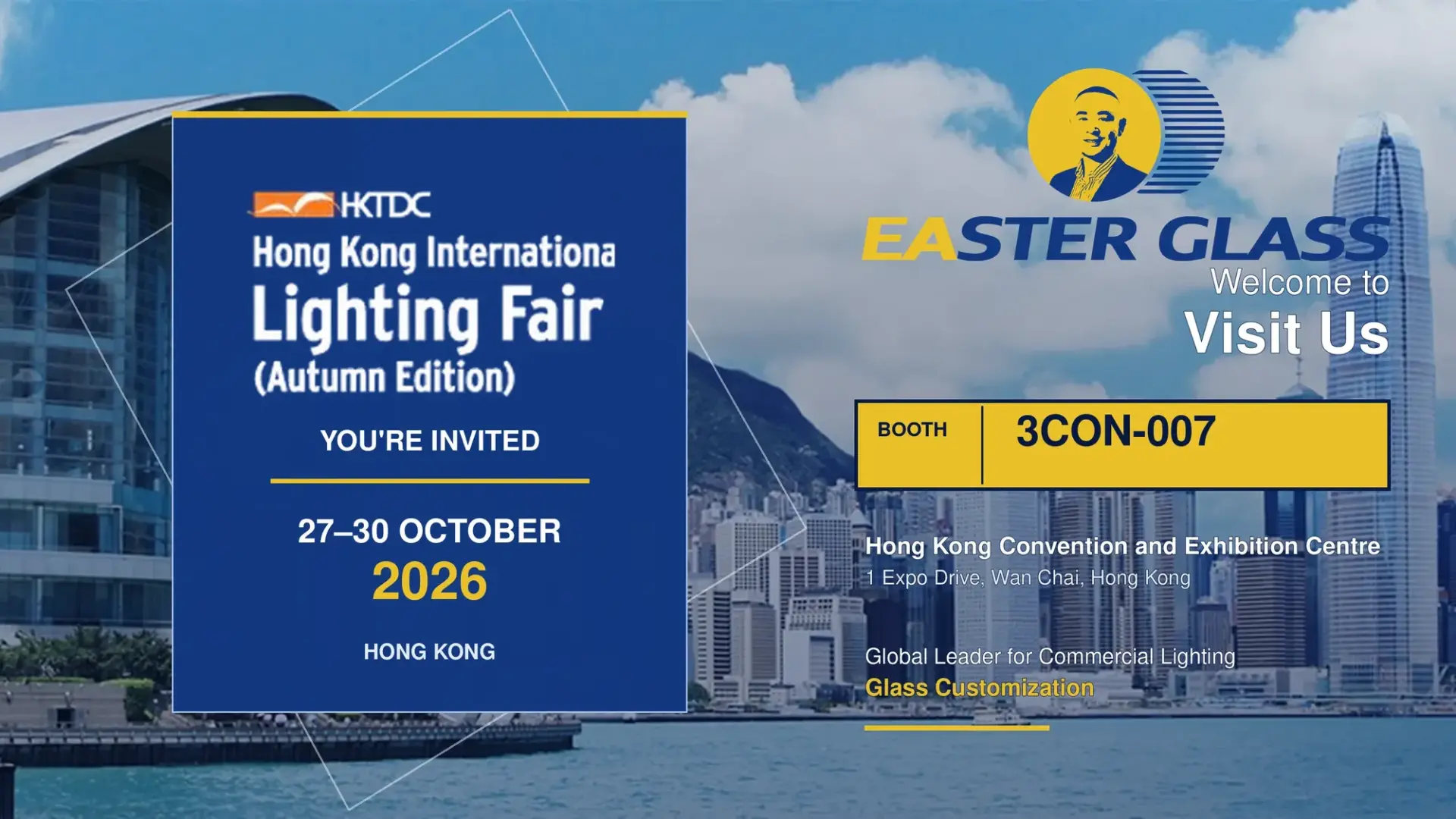 Easter Glass invitation poster for the 2026 Hong Kong International Lighting Fair, showing October 27–30 and Booth 3CON-007