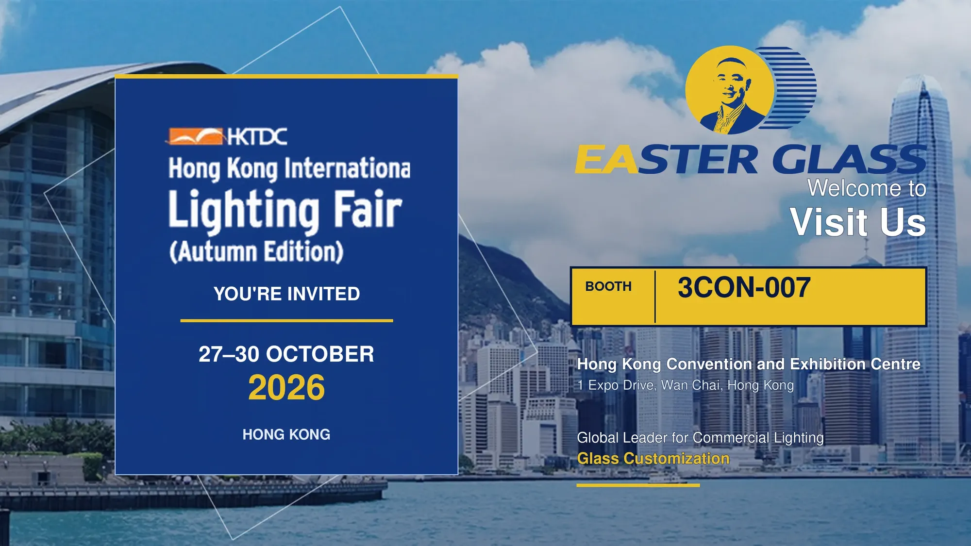 Easter Glass invitation poster for the 2026 Hong Kong International Lighting Fair, showing October 27–30 and Booth 3CON-007
