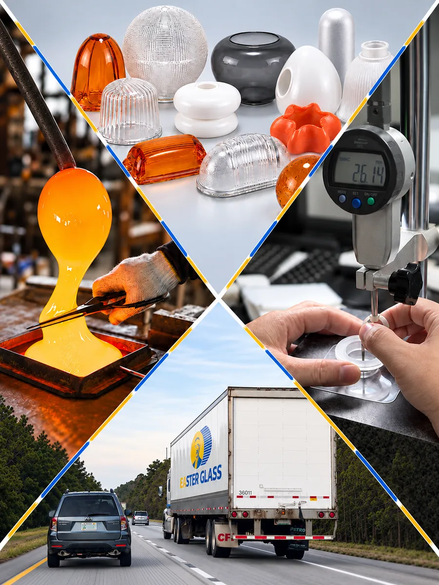 Easter Glass collage showing custom glass products, glass production, dimensional inspection and truck delivery