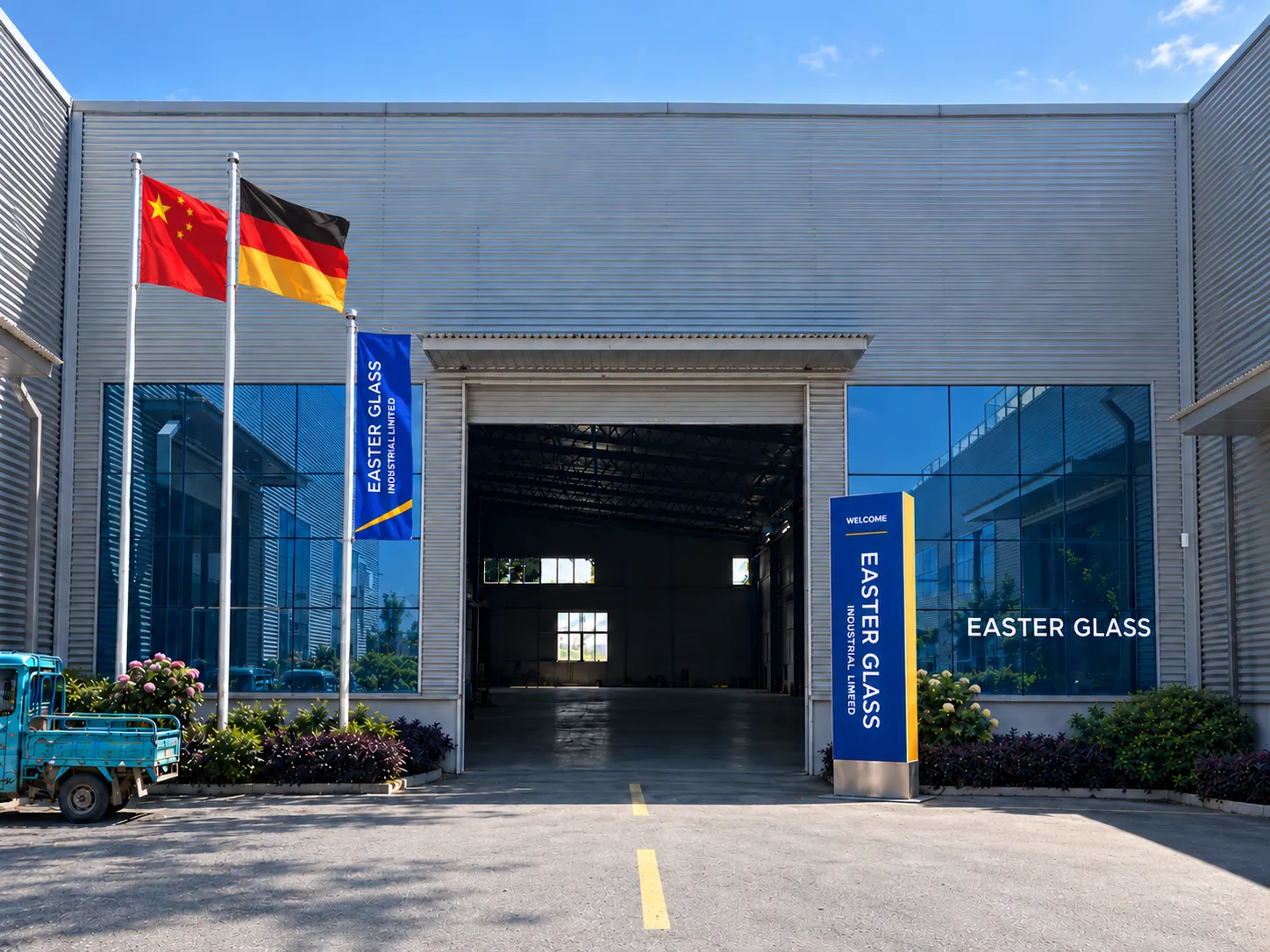 Exterior view of the Easter Glass lighting glass factory in China with company signage and flags