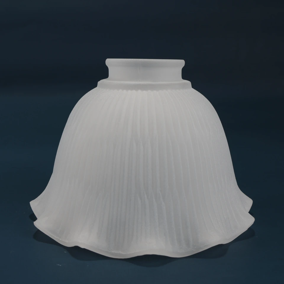 Frosted ribbed bell shade with a short neck and scalloped lower rim